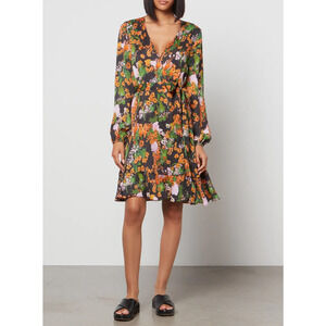 STINE GOYA Womens Rania Wrap Dress XS Black Green Orange Floral Long Sleeve
